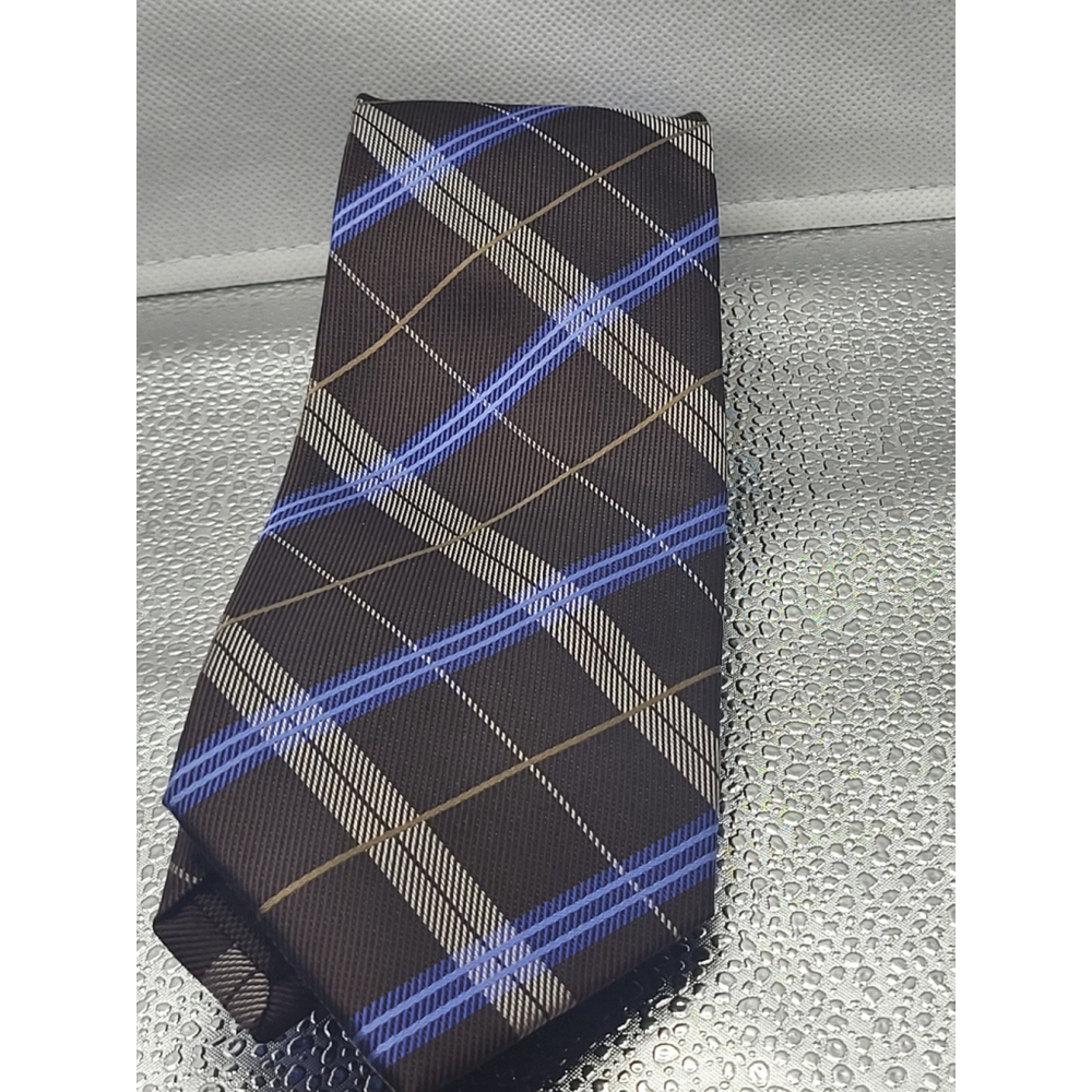 Tasso Elba Men's Tan , Brown And Blue Striped Silk Tie Size 57 X 3 100% Silk